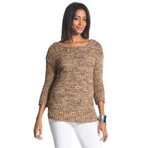 Chico's Sweater 2 L Textured Sherri‎ Pullover Marled Knit 3/4 Sleeve Neutral